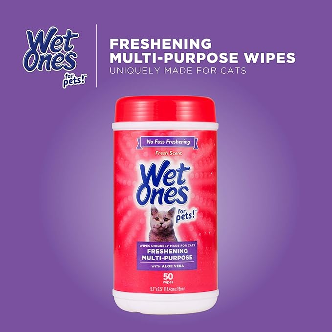 Wet Ones for Cats Freshening Wipes, Multi-Purpose Cat Grooming Wipes with Aloe Vera, Helps Remove Dirt, Odor, and Dander Between Baths, Fresh Scent, 50 Count - 3 Pack