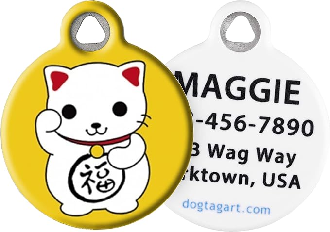 Dog Tag Art Maneki Neko Custom Pet ID Tag for Dogs and Cats, Silent Polymer Coated Stainless Steel Nametag with Customized Identification Information - Large 1.25" Diameter
