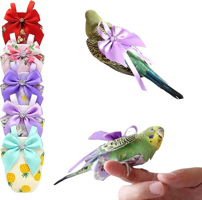 6pcs Bow Bird Diaper Set, Soft Reusable Flight Suit Clothing for Parrots Budgies Cockatiels — Cleaner Indoor Bonding & Training (S)