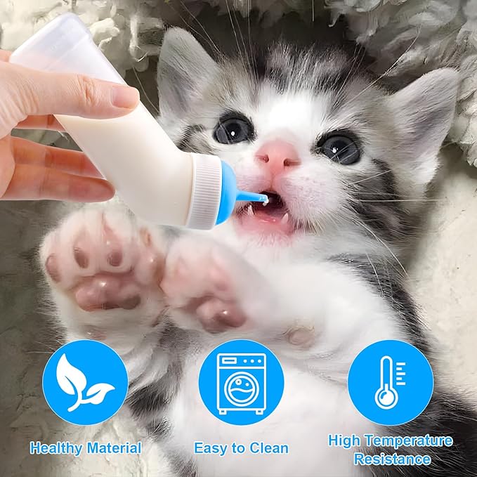 Pet Nursing Bottle for Newborn Animals,Kitten Bottle Feeding Kit Silicone Nipple for Kittens Puppys Rabbits Squirrel (Blue, Medium)