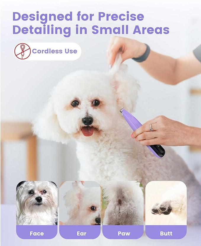 Dog Paw Trimmer with LED Light, 35dB Low Noise Paw Trimmers for Dog's Feet, 2 Speed Safety Electric Dog Clippers for Grooming, Rechargeable Cat Shaver for Paws, Ears, Face, Rump (Purple)
