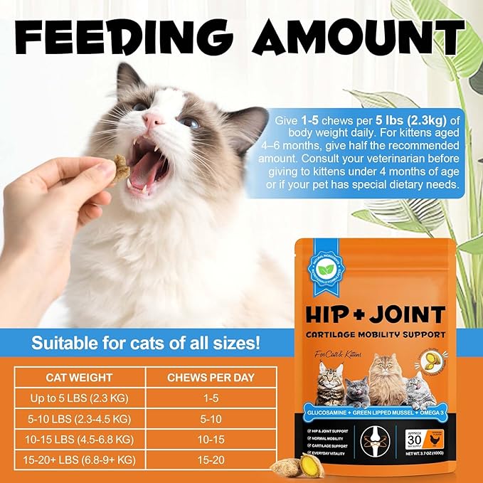 Cat Hip + Joint Supplement, Health Treats with Glucosamine & Chondroitin, Hip & Joint Care Chews for Cats & Kittens, Supports Mobility & Cartilage, Chicken Flavor, 100g (30 Day Supply)