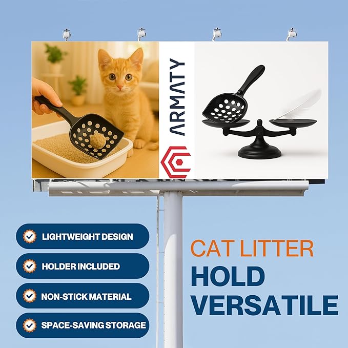 cat Litter Scooper with Holder: Easy-to-Clean cat Scooper for Litter Box; Ergonomic Handle Design for Pooper Scooper cat; Compatible with Clumping and Pellet Litter Scoop. (Black)
