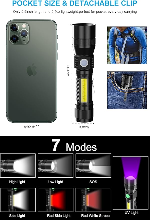 UV Flashlight Blacklight, USB Rechargeable Flashlights Magnetic Flashlight with ‎SideLight, Black Light, COB Work Light, Zoomable, Waterproof Worklight, Pet Urine,1 Pack