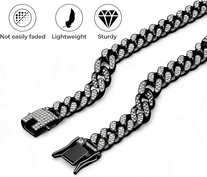 Dog Chain Collar Diamond Cuban Link Dog Collar (Black, 16inch)