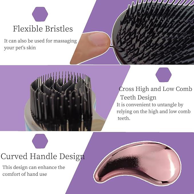 Comma-Shaped Small Dog Brush, Fit for Yorkie, Shih Tzu, Maltese Maltipoo Pomeranian - Gentle Soft Bristles for Effortless Pet Hair Removal, Puppy Essentials (Electroplating Purple)