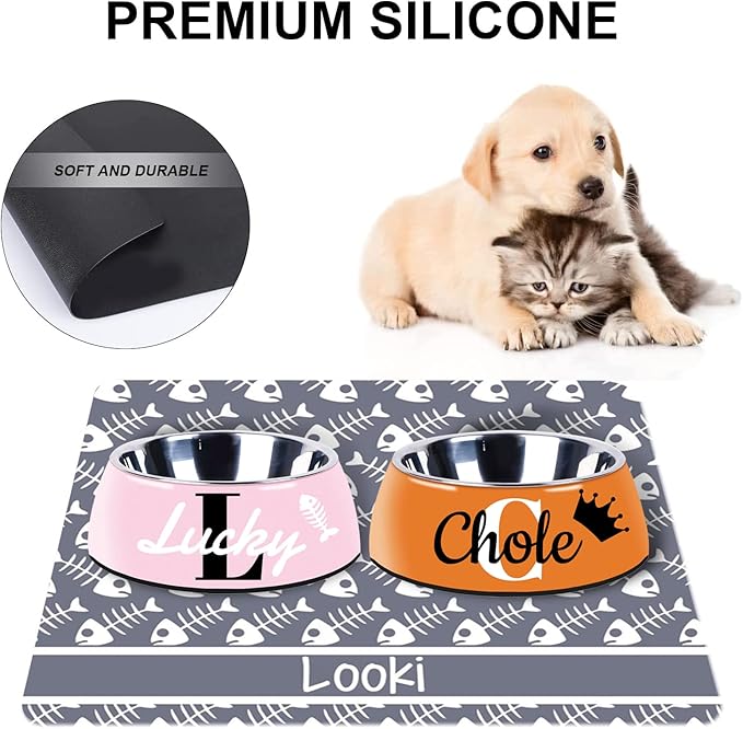 Personalized Dog Cat Food Mat PU Non-Slip at The Bottom Dog Bowl Mat Dog Mat for Food and Water Custom Pet Dog Food Mats for Floors Waterproof (Fish Bone)