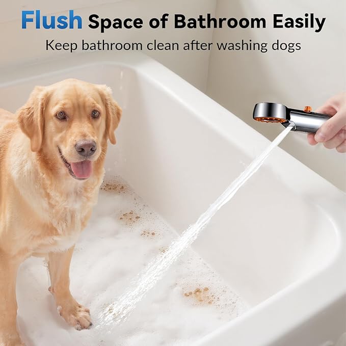 Dog Shower Attachment, 3 Mode Handheld Sprayer with ON/OFF Switch, G1/2" Metal Diverter, 100 Inches Stainless Steel Hose, No Drill Holder, for Pet and Dog Washing in Bathroom