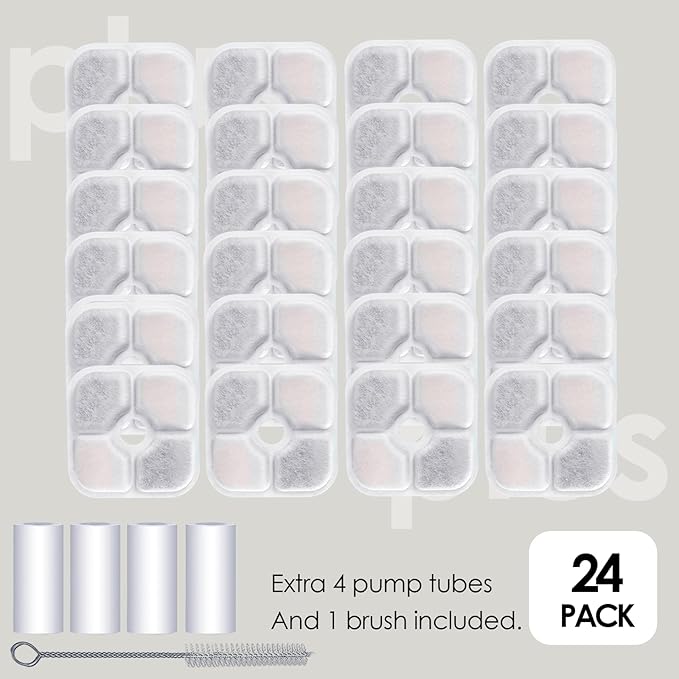 24-Pack Cat Water Fountain Filter Compatible With Catit Pixi Water Fountain Filter Replacement Triple Action Water Filter, 4 Pump Tubes 1 Hard Brush