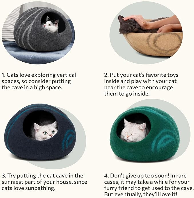 MEOWFIA Cat Cave – Premium Felt Cat Bed for Indoor Cats, Handmade Merino Wool (Pistachio, Medium)