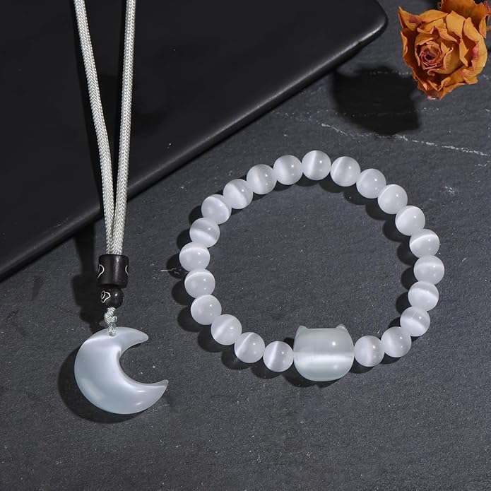Black Obsidian Cat Bracelet and Moon Pendant Necklace Jewelry Set-Cat Lover Gifts,Wealth Attraction,Good Luck,Bead Bracelet,Mindfulness,Beaded Bracelets, Obsidian Pendant Necklace-Cute Gifts for Women
