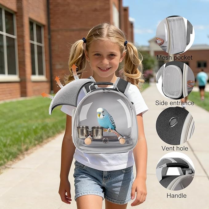 Bird Travel Carrier Backpack, Metal Tray and Clamp Cups Bundle, Clear Bubble Window Space Capsule Astronaut Liked Vet Carry Book Bag to Carry and Transport Parakeet Parrot (Black, Metal Tray + Cups)