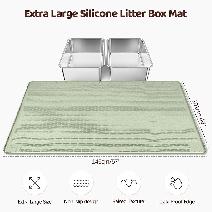 Cat Litter Mat, XL Extra Large 57" x 40" Silicone Mat Litter Trapping Mat for Scatter Control, Soft on Kitty Paws, Easy to Clean (Green)