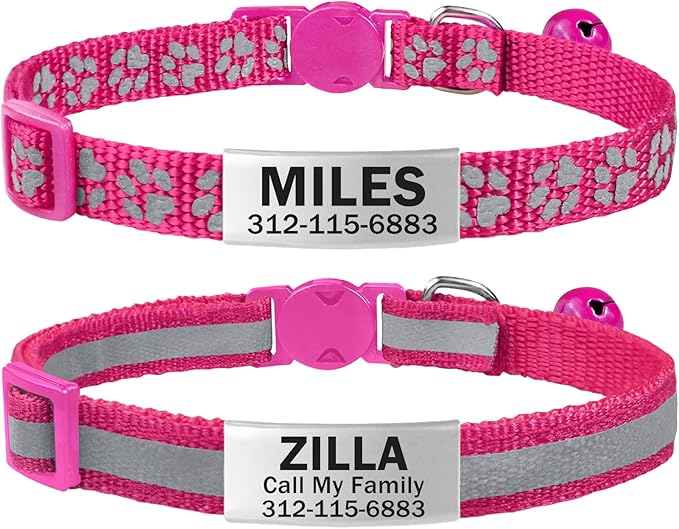 TagME 2 Pack Cat Collar with Name Tag, Personalized Reflective Cat Collar Breakaway with Bell for Boy & Girl Cats, Hot Pink
