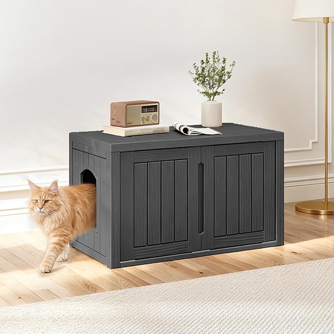Hidden Cat Litter Box, Cat Litter Box Enclosure Furniture with Double Door, Indoor Outdoor Cat House, Adjustable Partition & Side End Table Design, Easy to Clean & Assemble(Black)