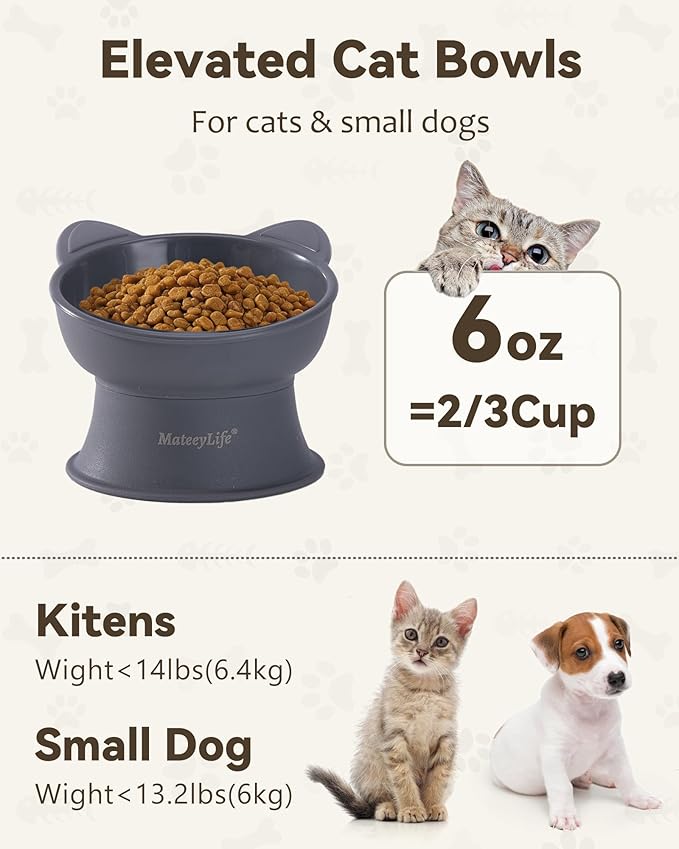 MateeyLife Raised Cat Bowls, Cat Food Bowl Elevated for Kittens & Small Dogs, 15°Tilted Protect Pets' Neck and Anti Vomiting, Whisker Friendly Food & Water Feeding Bowl, 6 oz Each - Gray