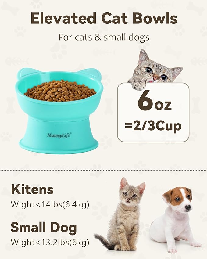MateeyLife Raised Cat Bowls, Cat Food Bowl Elevated for Kittens & Small Dogs, 15°Tilted Protect Pets' Neck and Anti Vomiting, Whisker Friendly Food & Water Feeding Bowl, 6 oz Each - Green