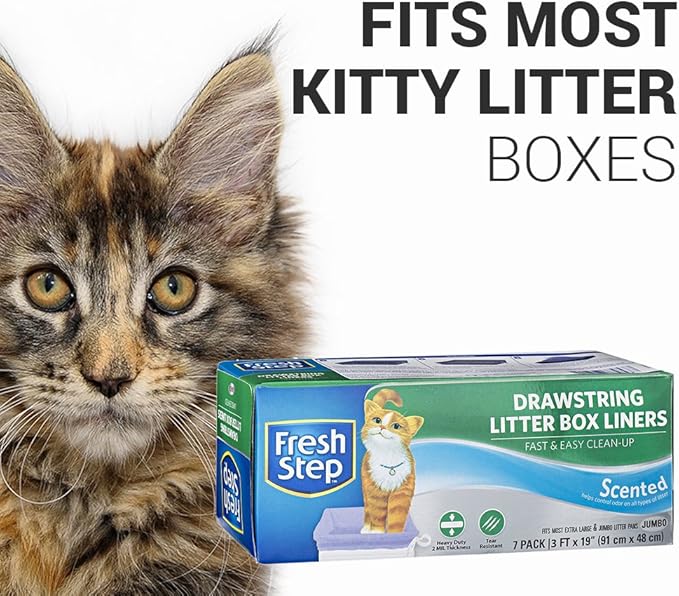 Fresh Step Jumbo Drawstring Cat Litter Box Liners,Scented Heavy Duty Kitty Litter Bags for X-Large Oval or Rectangle Pans,Helps Contain Mess for Easy Lift Out Cleanup,36 x 19 in,7 Count (Pack of 2)