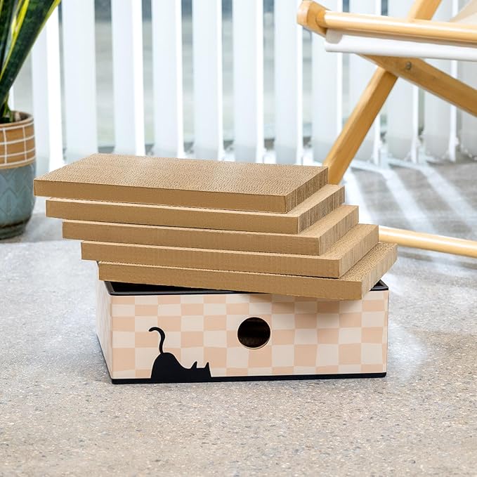Conlun Cat Scratcher Box with Heavy-Duty Double-Sided Cardboard Pad, Cardboard Lounger, Interactive Hole Design, Cat Bed for Indoor Cats, Checkered,Large - 5 Pack
