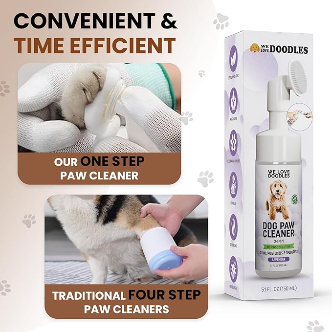 No-Rinse Dog Paw Cleaner with Built-in Silicone Bristle Brush | 3-in-1 Dirty Paw Washer Foaming Foot Cleaner for Muddy Pet Dogs & Cats | Gentle Moisturizing Waterless Shampoo - Lavender | 5 fl oz
