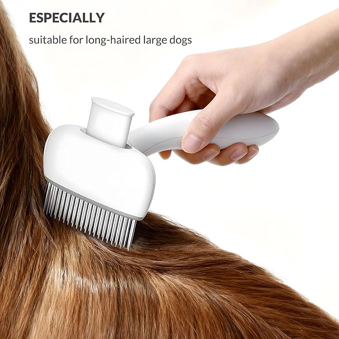 Self Cleaning Dog Deshedding Brush for Long Haired Dogs, 360° Rotating Comb Needles, Wider, Ergonomic Handle (White)