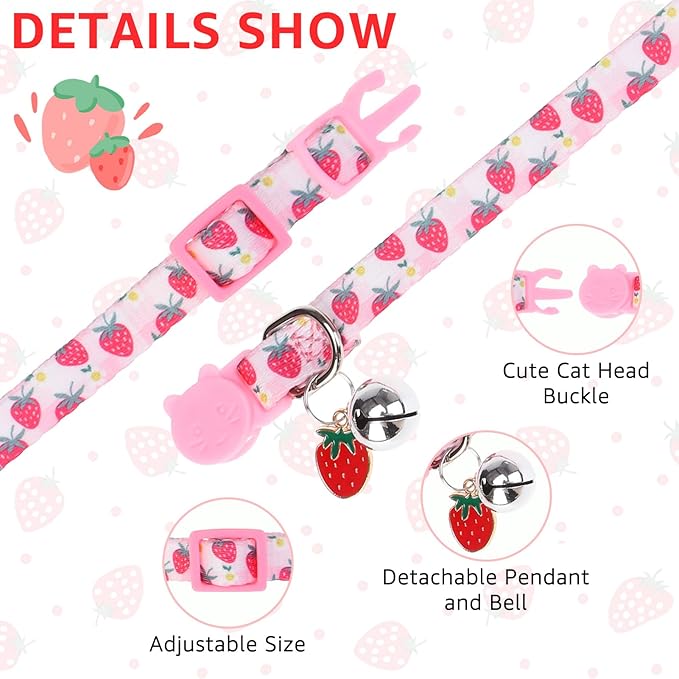 SCENEREAL Breakaway Cat Collar with Bell, 2 Pack Safety Adjustable Cat Collars with Pendant, Pink Personalised Puppy Kitten Collar with Bow for Spring Summer, Strawberry Tulip