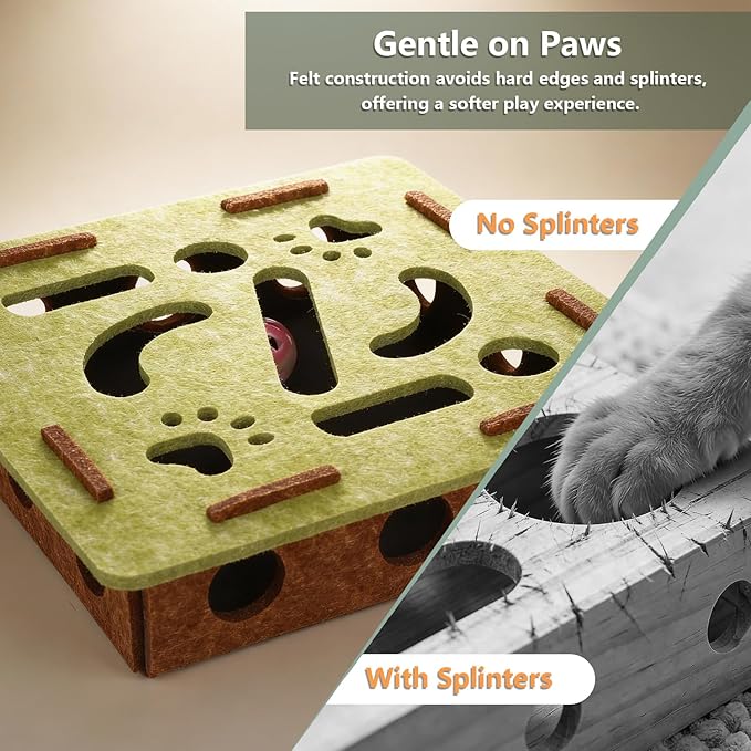 Felt Cat Nail File Enrichment Box, Soft Scratch Puzzle with Sandpaper Surface, Stress Free Nail Care Alternative, Interactive Maze Scratcher with Bell Ball for Indoor Cats