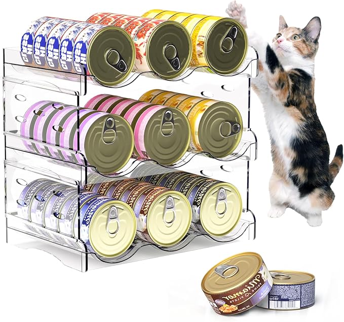 Cat Food Can Organizer, 3-Tier Cat Food Organizer, Transparent Can Organizer for Pantry, Canned Food Organizer Holds 45 (3oz) Cans, Pantry can Organizer