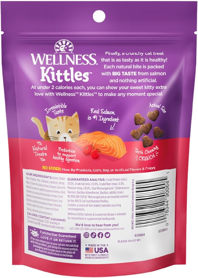 Wellness Kittles Crunchy Cat Treats, All Lifestages, Kitten to Senior, Natural, Grain Free, Salmon and Cranberry Flavor, 6 oz Bag