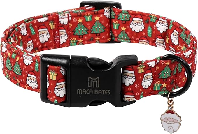 Maca Bates Christmas Red Basic Dog Collar for Large Girl Boy Dogs with Santa Charm Christmas Tree Pattern Soft Adjustable Durable Collars,Winter Gift for Male Female Puppy Pet