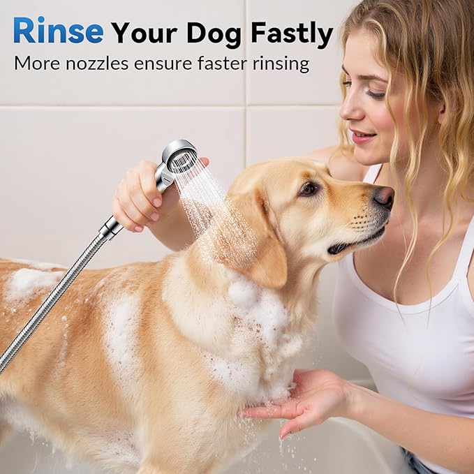 Dog Shower Attachment, 3 Mode Handheld Sprayer with ON/OFF Switch, G1/2" 3-Way metal Diverter, 100 Inches Stainless Steel Hose, No Drill Holder, for Pet and Dog Washing in Bathroom