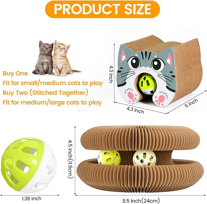 Upgraded-Magnetic Magic Organ Cardboard Cat Scratcher Toy with 2 Balls for Mental Physical Exercise, Multi-Shape Interactive Cardboard Cat Toy for Indoor Cats Flip with Fun, Brown/Gray,M, 1PCS