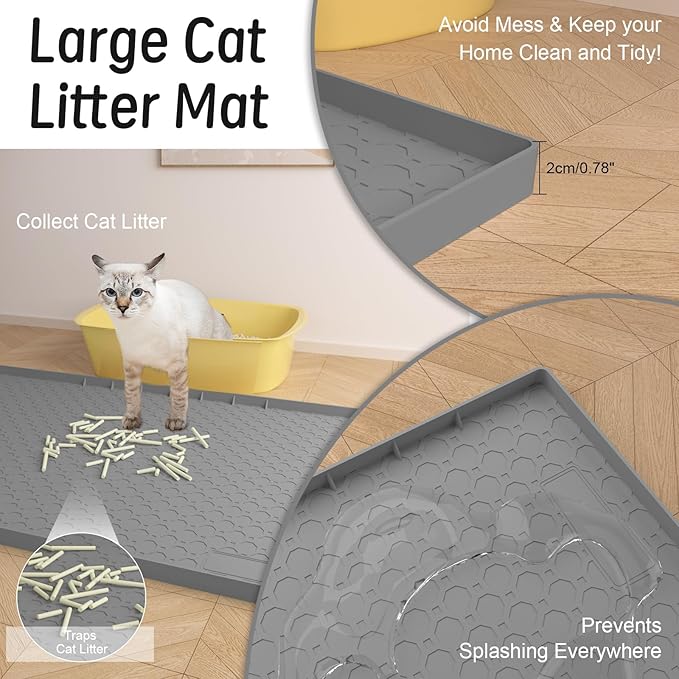 Silicone Large Cat Litter Mat 34" X 22", Cat Mat for Litter Box, Cats Litter Trapping Mats with Raised Edges, Non-Slip and Urine Waterproof Surface, Gray