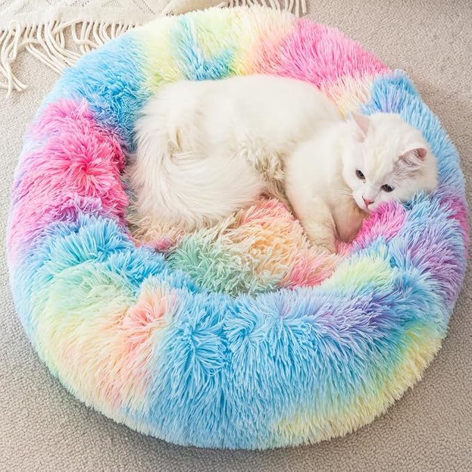 Small Cat Bed Nest Bed Dog Bed Round Bed Donut Rabbit Bed Pet Bed Small Kitten Bed Warm Fluffy Donut Bed Furry Cat for 3Kg Pet