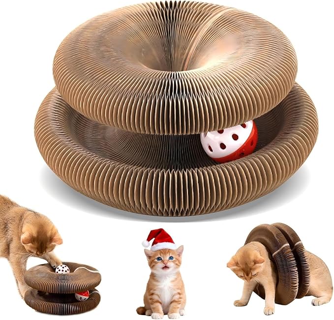 1 Pack Cat Scratcher Toy with Balls Bells, Magic Organ Foldable Cat Scratching Board for Kitten, Interactive Toys for Indoor Adult Cats Exercise Anxiety Relief, Auburn