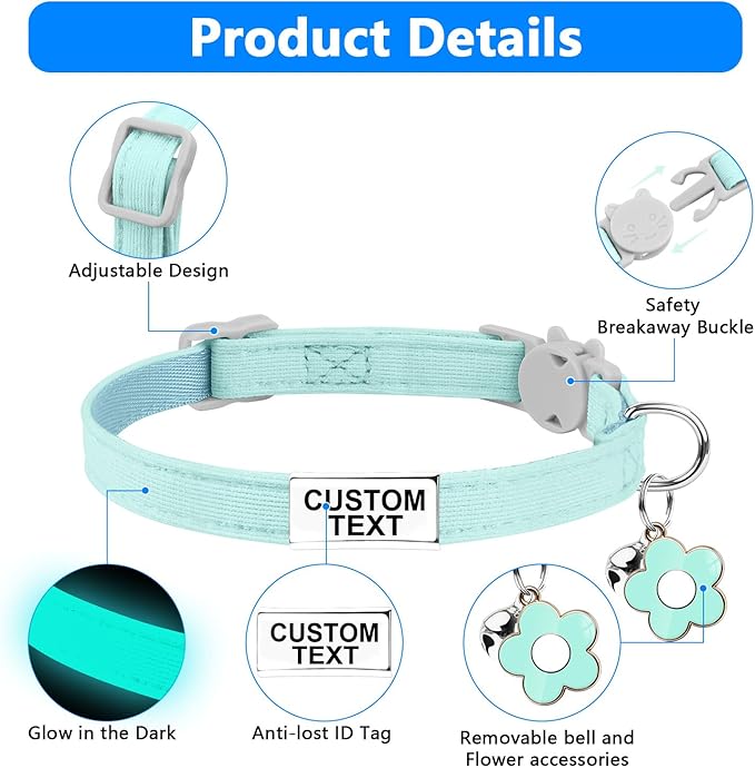 Custom Glow in the Dark Cat Collar with Breakaway Buckle Anti-Lost Nameplate Luminous Cat Collar - Adjustable Size (8-11 Inch) for Kittens Cats, Personalized Laser Engraving ID Tag & Removable Bell