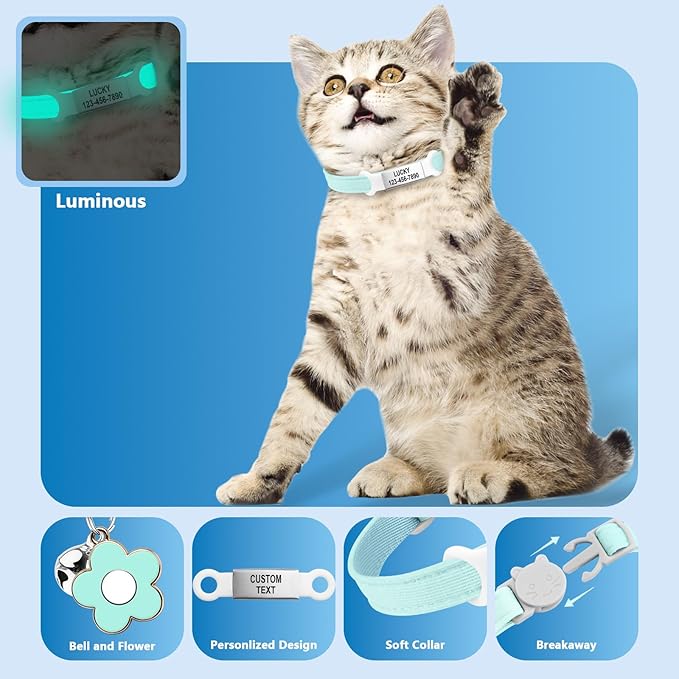 Personalised Glow in the Dark Cat Collar with Bell, Adjustable Breakaway Safety Luminous Collar with Stainless Steel Name Tag Fluorescent Glow (Grow in the Dark)