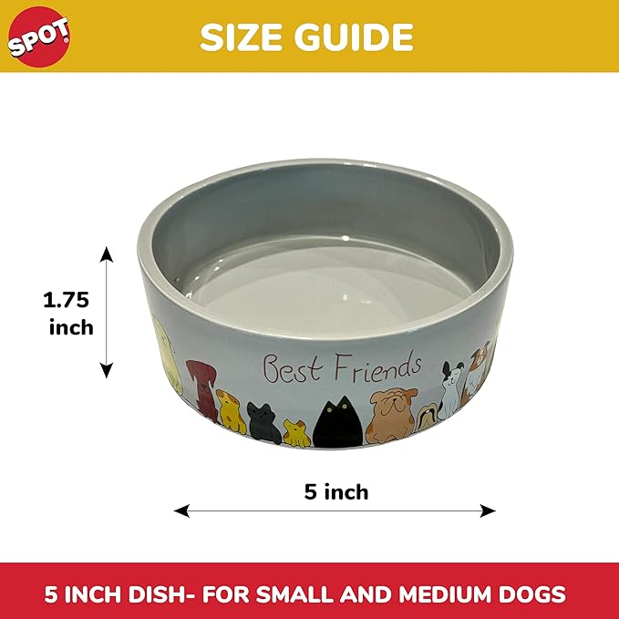 SPOT Best Friends Pet Food Dish - Food or Water Ceramic Bowl for Pets, Ideal for Small Dogs, Dishwasher Safe, 1.75 Cups (14oz) Capacity - 5in, Light Grey