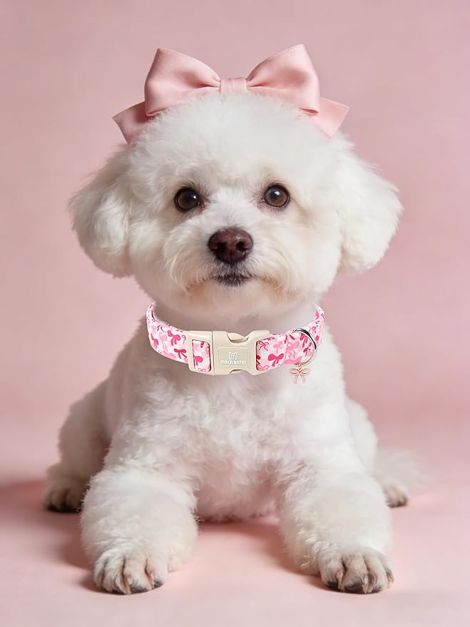 Maca Bates Pink Bow Basic Dog Collar with Cute Sailor Bowtie Charm for Medium Girl Dogs, Girly Bows Gingham Pattern,Feminine Style Adjustable Durable Soft Collars Birthday Gift for Female Puppy