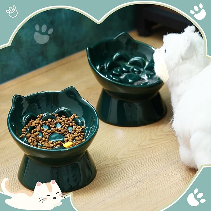 2 Pcs Ceramic Elevated Slow Feeder Cat Bowl Cute Tilted Anti Vomiting Raised Cat Bowl for Dry Wet Food and Water Easy to Clean High Edge Pet for Small Dogs(Dark Green)