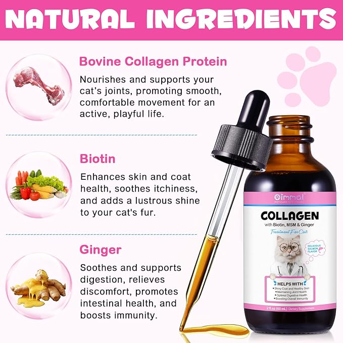Collagen for Cats 2 fl.oz, Liquid Collagen for Cats Drops, Premium Grass-fed Collagens for Cat Skin and Coat Supplement, Itch Relief for Cat with Allergies Immunity, with Bovine Collagens, Biotin, MSM