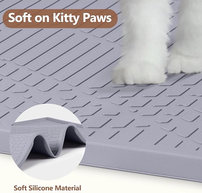 Large Cat Litter Mat with Toy Ball, 38'' x 25'' Silicone Cat Litter Trapping Mat for Scatter Control, Soft on Kitty Paws, Easy to Clean (Light Grey)