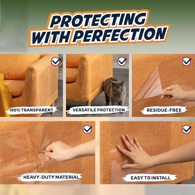 12 Pack Cat Scratch Furniture Protector Sheets – Clear Couch & Sofa Guard from Cat Claws – Easy Apply, Removable, with Twist Pins (6 XL + 6 Large)