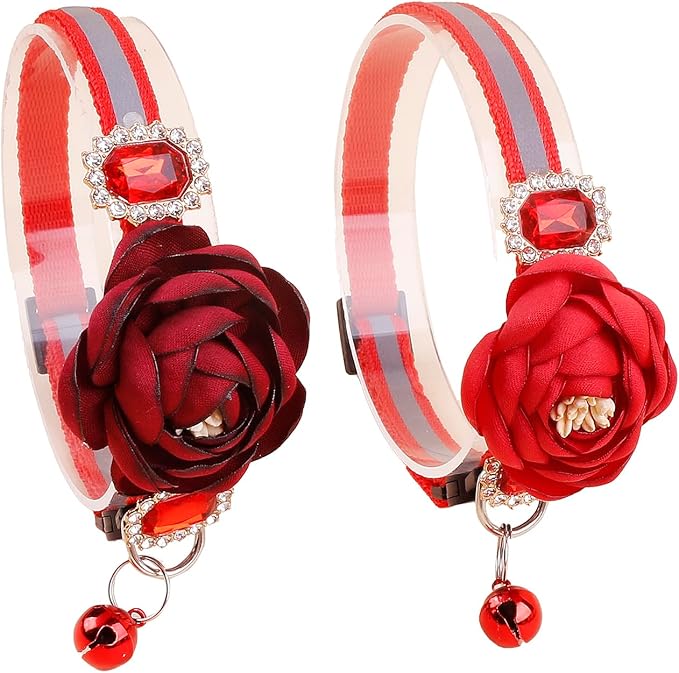 2 Pack Cat Collar Pink Floral with Bell and Removable Flower Bowtie Breakaway Adjustable Cat Collar for Girl Kitten Puppy Small Cats Dogs Daily Decoration (XQ9-4) (XQ9-1)