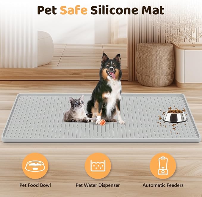 Silicone Cat & Dog Food Mat, 55" x 38" Extra Large Pet Feeding Mat for Cats and Dogs Bowl, Pet Placemat for Food and Water with Raised Edge, Waterproof, Leakproof (Grey)