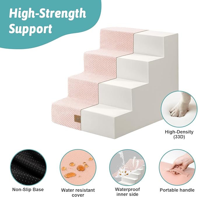 Dog Stairs for Small Dogs, 17.7" Extra Wide Right-Angle Pet Stairs for Couch and Beds, Anti-Slip Dog Steps for Old Cats and Lowrider, 17.7x23.6x17.7 inch, Pink