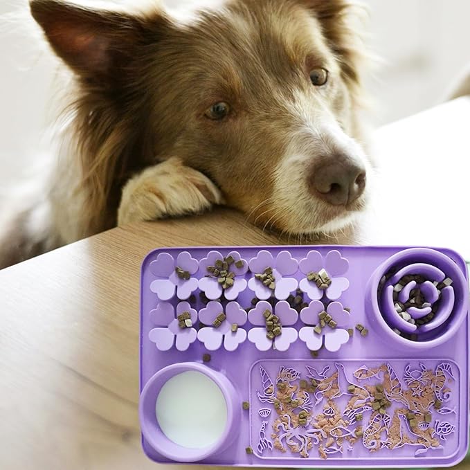 Silicone Snuffle Mat for Dogs and Cats 4 in 1 Purple - Dog Lick Mat with Slow Feeder Bowl - Reusable Pads for Pets with Suction Cups, Puzzle Toys for Bored Puppy, Collapsible Dog Water Bowl
