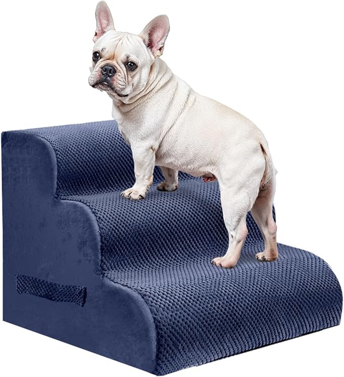PAWSCART Dog Stairs for Small Pets, 15.7" H with 30D Material Soft Foam, Portable Ramp Non-Slip Surface Non-Slip for Couch and High Bed Climbing, 3-Step Stairs for Cat or Dog, Blue