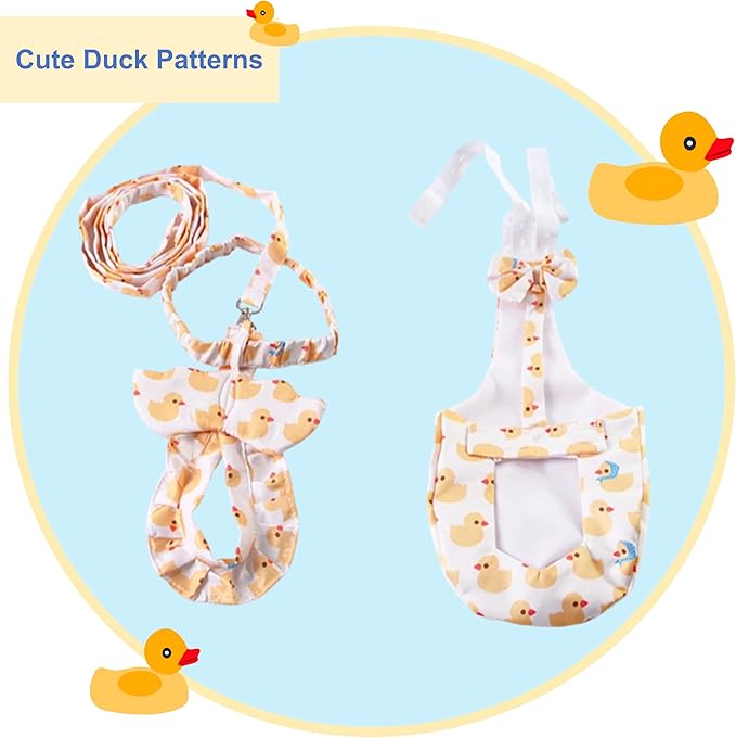 Duck Chicken Harness & Diapers with 4.8-FT Leash Rope & Washable Adjustable Elastic Reusable Diaper Nappy Poultry Cloth for Goose Hen (S, Little Yellow Duck)