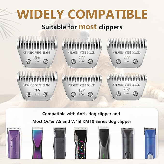 Precision Ceramic Wide Blades for Dog Grooming,Compatible with Andis,Oster A5,Wahl km10 Clippers-Dog and Cat Grooming Replacement Blade (5FW(6.3MM))